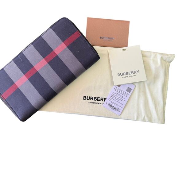BURBERRY Long Zip Wallet*Blue Check & Red 100% Cotton & Leather*NEW with TAGS - Picture 1 of 6